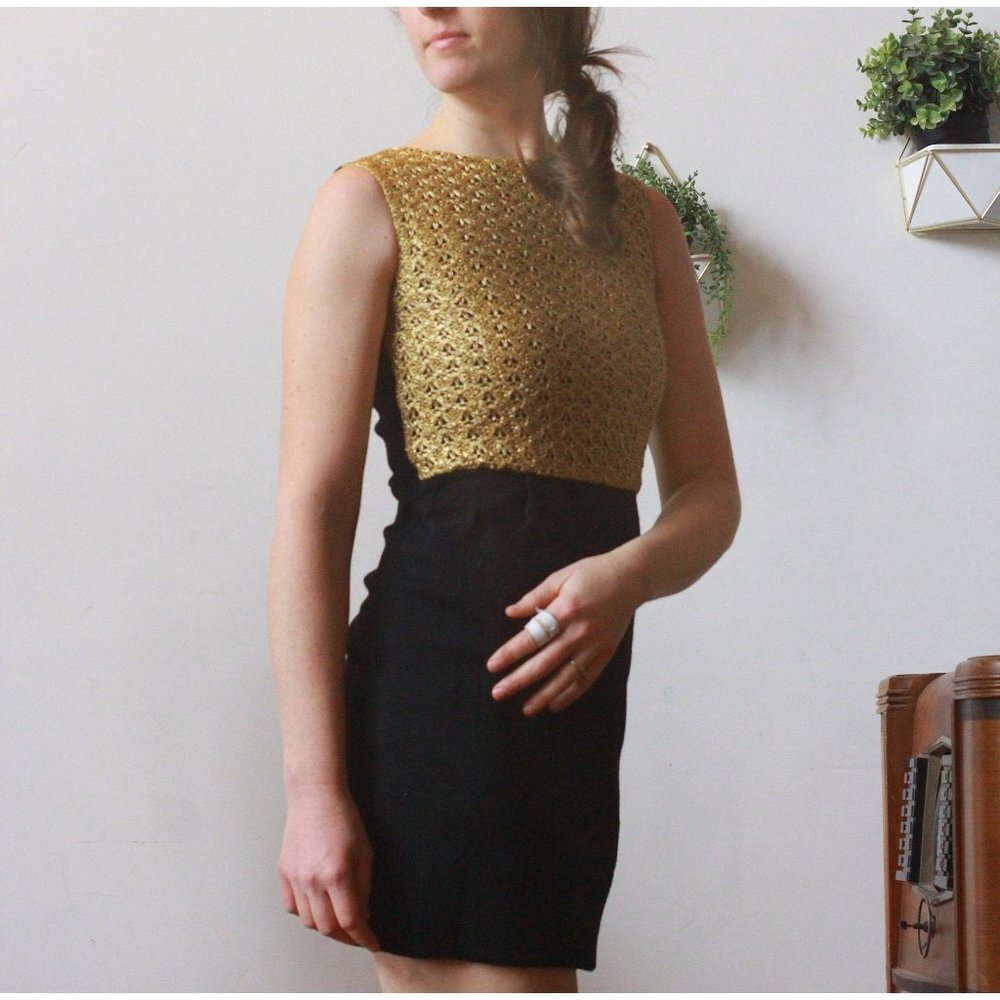 Vintage Italian dress Black & Gold Lace Sz Small by Cisa
